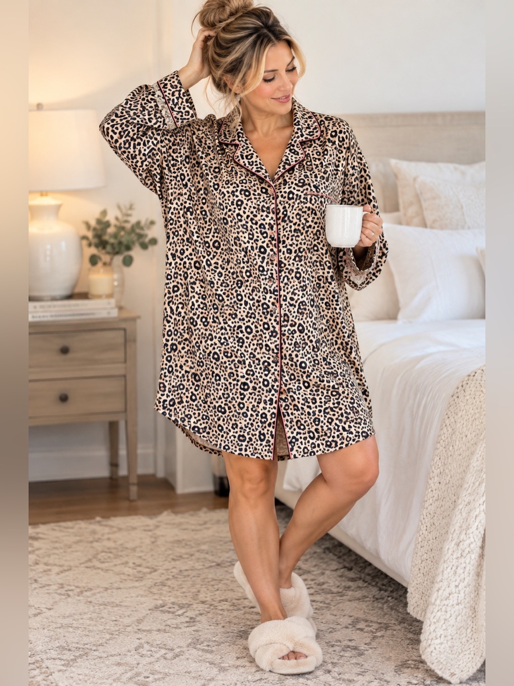 Serenada Leopard Print Button Front Sleepshirt Nightgown Size 3X Plus